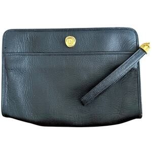 Vintage Pierre Cardin Clutch Leather Black Pouch Gold Hardware